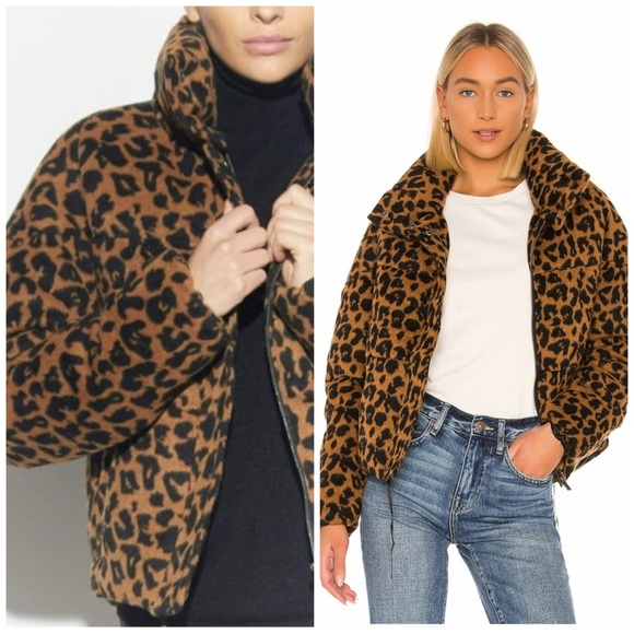 Apparis Paula Leopard Zip Up Puffer Jacket Tan Brown Black Casual Winter Warm - Picture 1 of 8